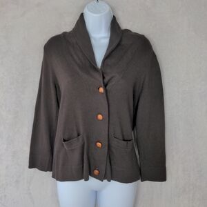 Link Cardigan Sweater Women Small Pet Brown Knit Pockets 3/4 Sleeve Shawl Neck